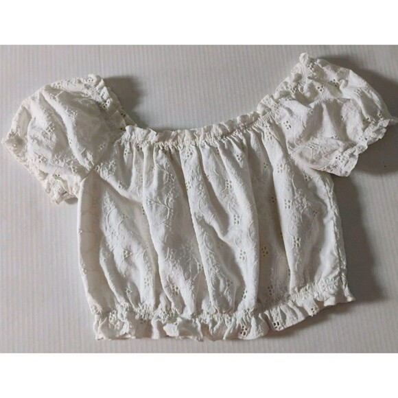 Love Tree White Eyelet Short Bubble‎ Sleeve Crop Top Blouse Womens Size Large - Picture 1 of 6